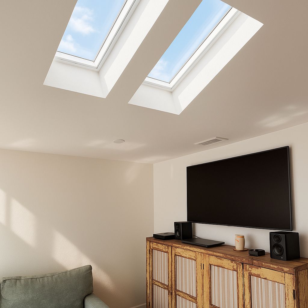 The same room rendered with skylights
